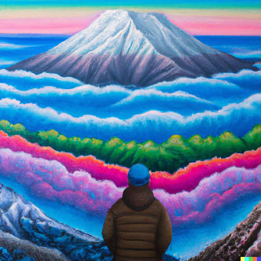 someone gazing at Mount Everest, painting by Okuda San Miguel